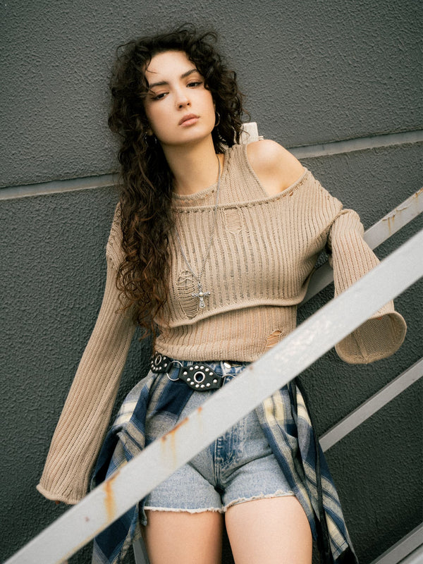 ダメージレイヤードニットトップ